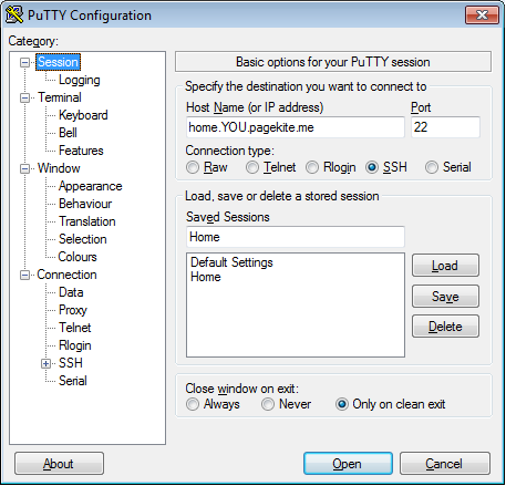 loading a putty session with public ssh